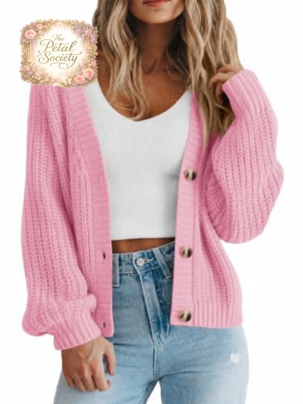 Chunky Knit Open Front Button Cardigan Sweater Long Sleeve V Neck Women's